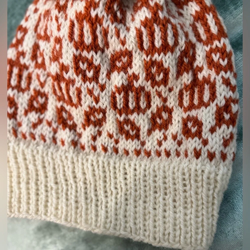 Handmade Hand Crafted Adult Fall Knit Wool Hat Cream and Pumpkin - Picture 4 of 4